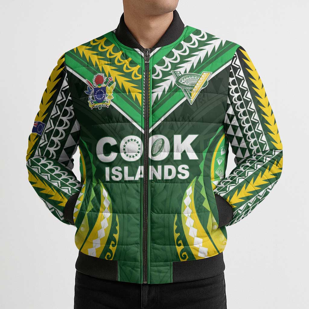 Custom Cook Islands Rugby Bomber Puffer Jacket Unique Style Green Version - Polynesian Pride