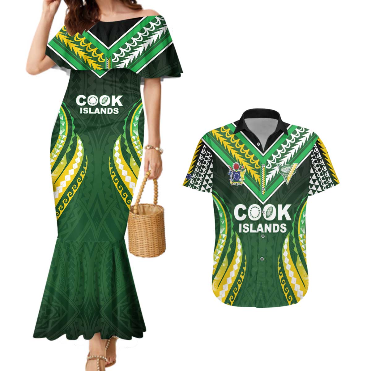 Custom Cook Islands Rugby Couples Matching Mermaid Dress and Hawaiian Shirt Unique Style Green Version - Polynesian Pride