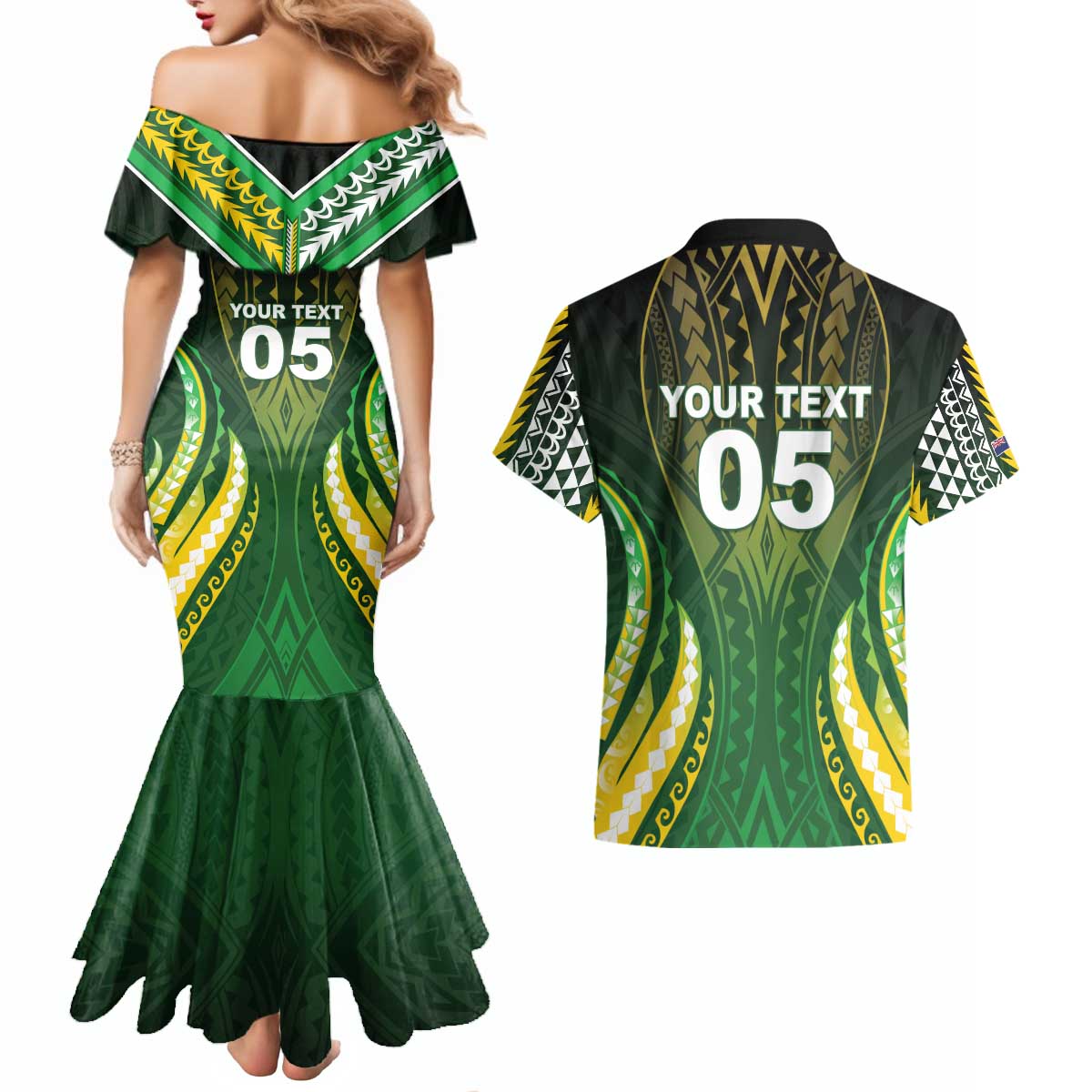 Custom Cook Islands Rugby Couples Matching Mermaid Dress and Hawaiian Shirt Unique Style Green Version - Polynesian Pride