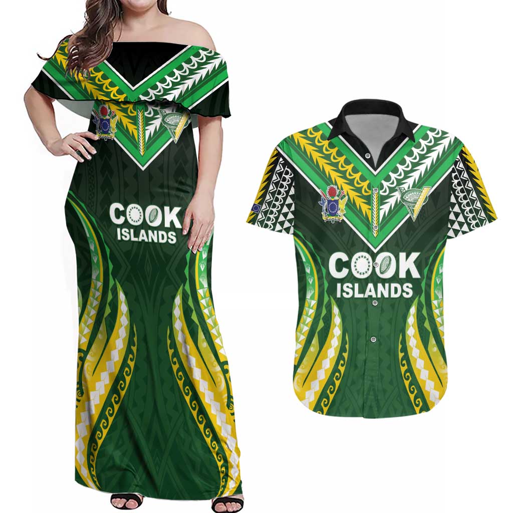 Custom Cook Islands Rugby Couples Matching Off Shoulder Maxi Dress and Hawaiian Shirt Unique Style Green Version - Polynesian Pride