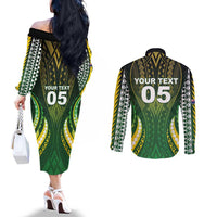 Custom Cook Islands Rugby Couples Matching Off The Shoulder Long Sleeve Dress and Long Sleeve Button Shirt Unique Style Green Version - Polynesian Pride