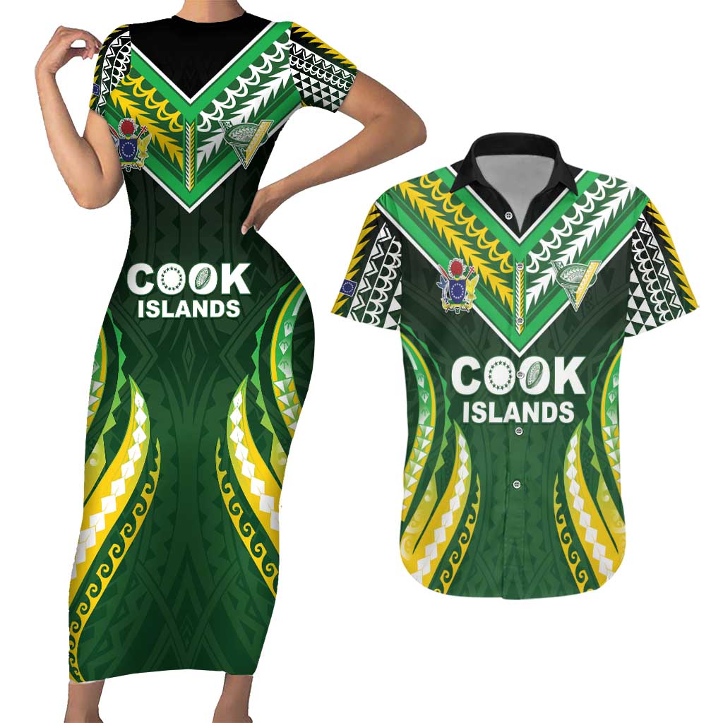 Custom Cook Islands Rugby Couples Matching Short Sleeve Bodycon Dress and Hawaiian Shirt Unique Style Green Version - Polynesian Pride