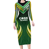 Custom Cook Islands Rugby Family Matching Long Sleeve Bodycon Dress and Hawaiian Shirt Unique Style Green Version - Polynesian Pride