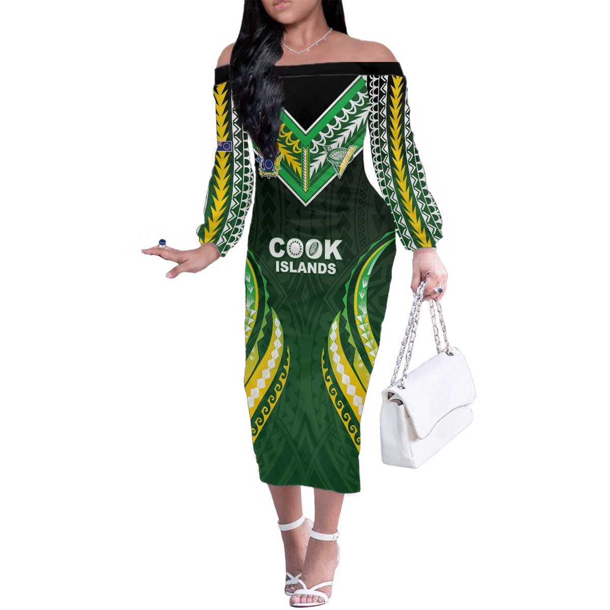 Custom Cook Islands Rugby Family Matching Off The Shoulder Long Sleeve Dress and Hawaiian Shirt Unique Style Green Version - Polynesian Pride