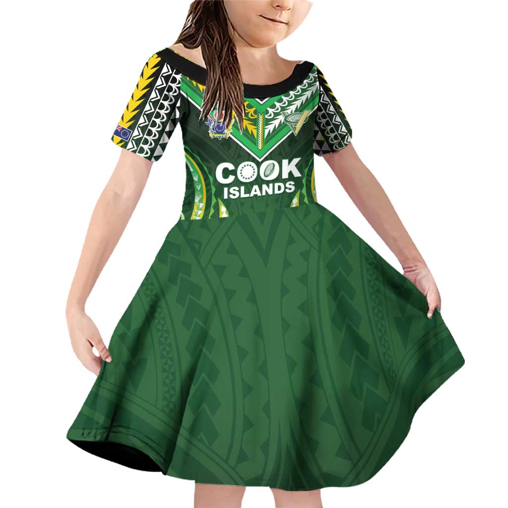 Custom Cook Islands Rugby Family Matching Off Shoulder Short Dress and Hawaiian Shirt Unique Style Green Version - Polynesian Pride