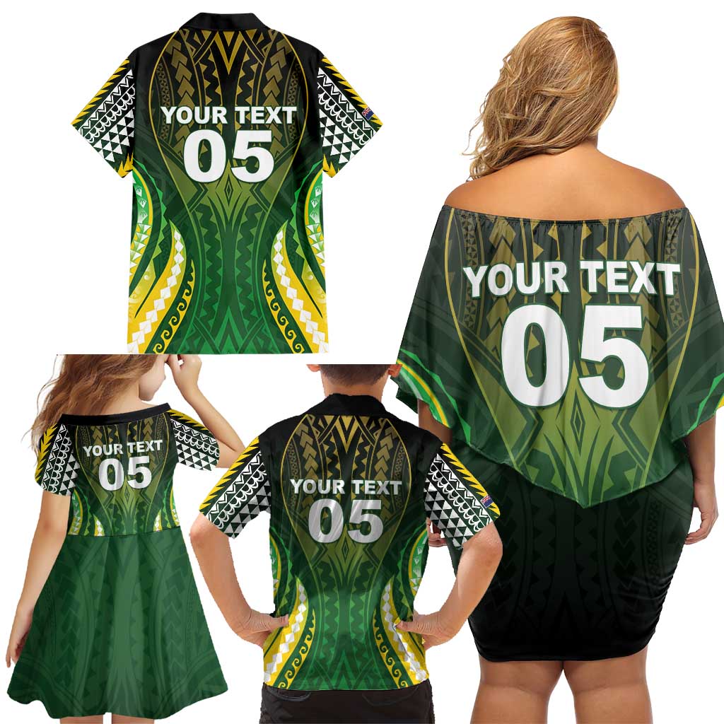 Custom Cook Islands Rugby Family Matching Off Shoulder Short Dress and Hawaiian Shirt Unique Style Green Version - Polynesian Pride