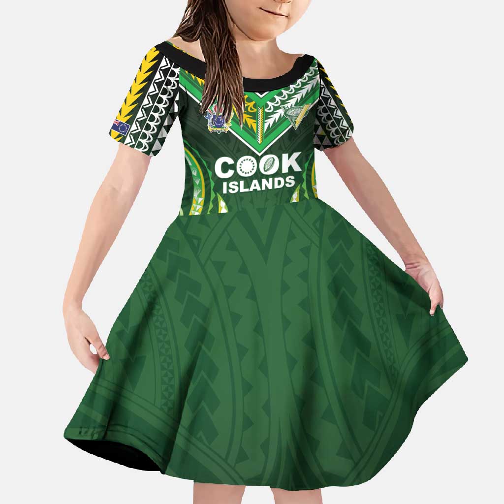 Custom Cook Islands Rugby Family Matching Short Sleeve Bodycon Dress and Hawaiian Shirt Unique Style Green Version - Polynesian Pride