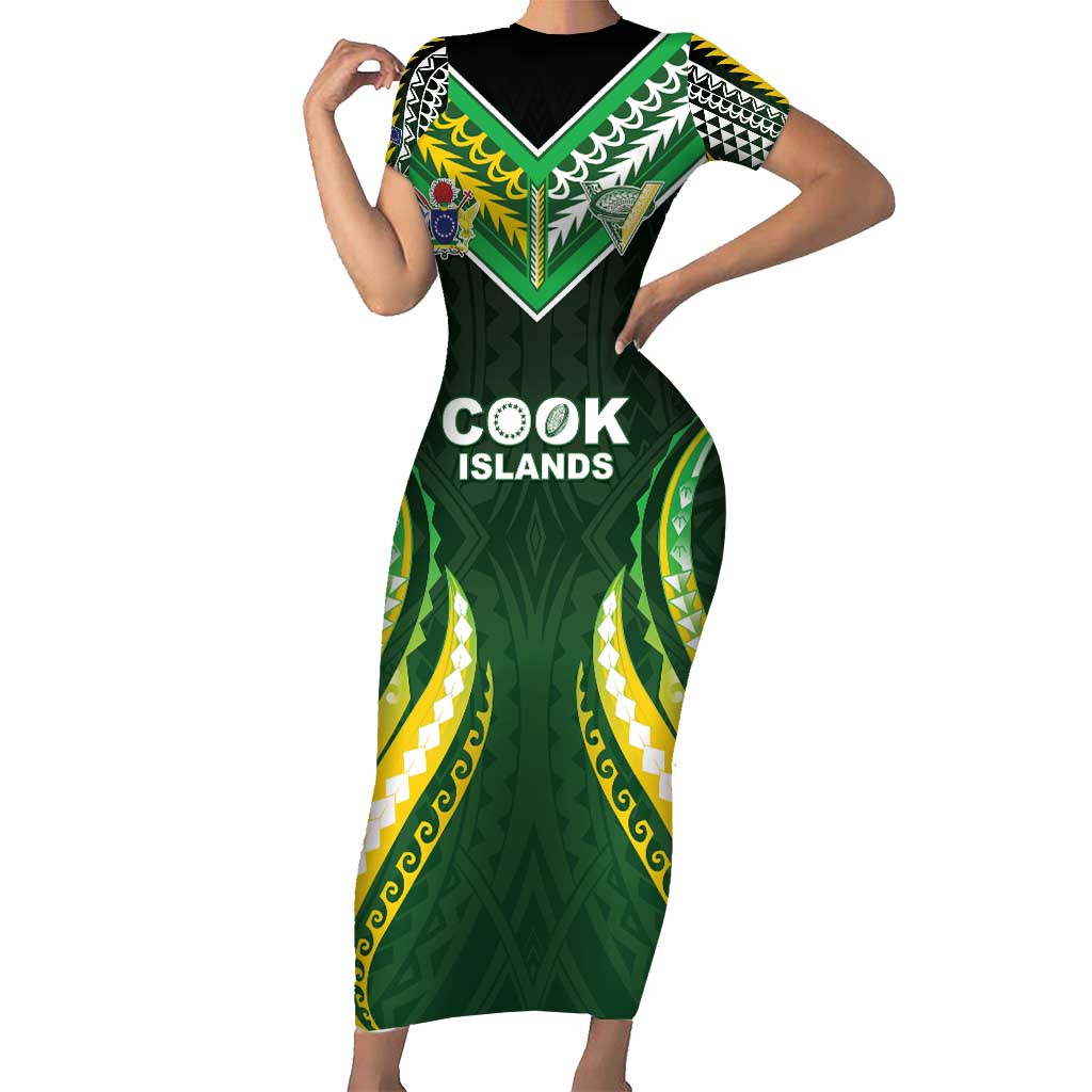 Custom Cook Islands Rugby Family Matching Short Sleeve Bodycon Dress and Hawaiian Shirt Unique Style Green Version - Polynesian Pride