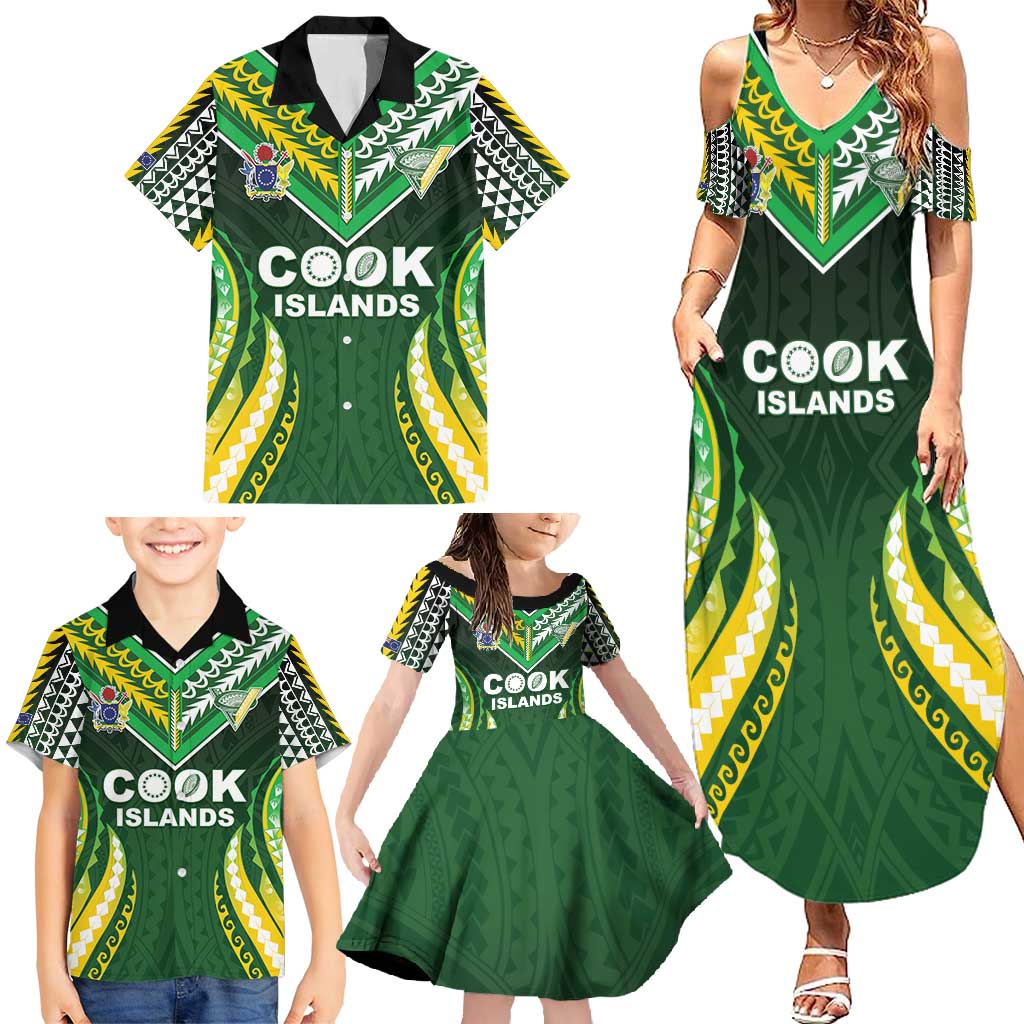 Custom Cook Islands Rugby Family Matching Summer Maxi Dress and Hawaiian Shirt Unique Style Green Version - Polynesian Pride