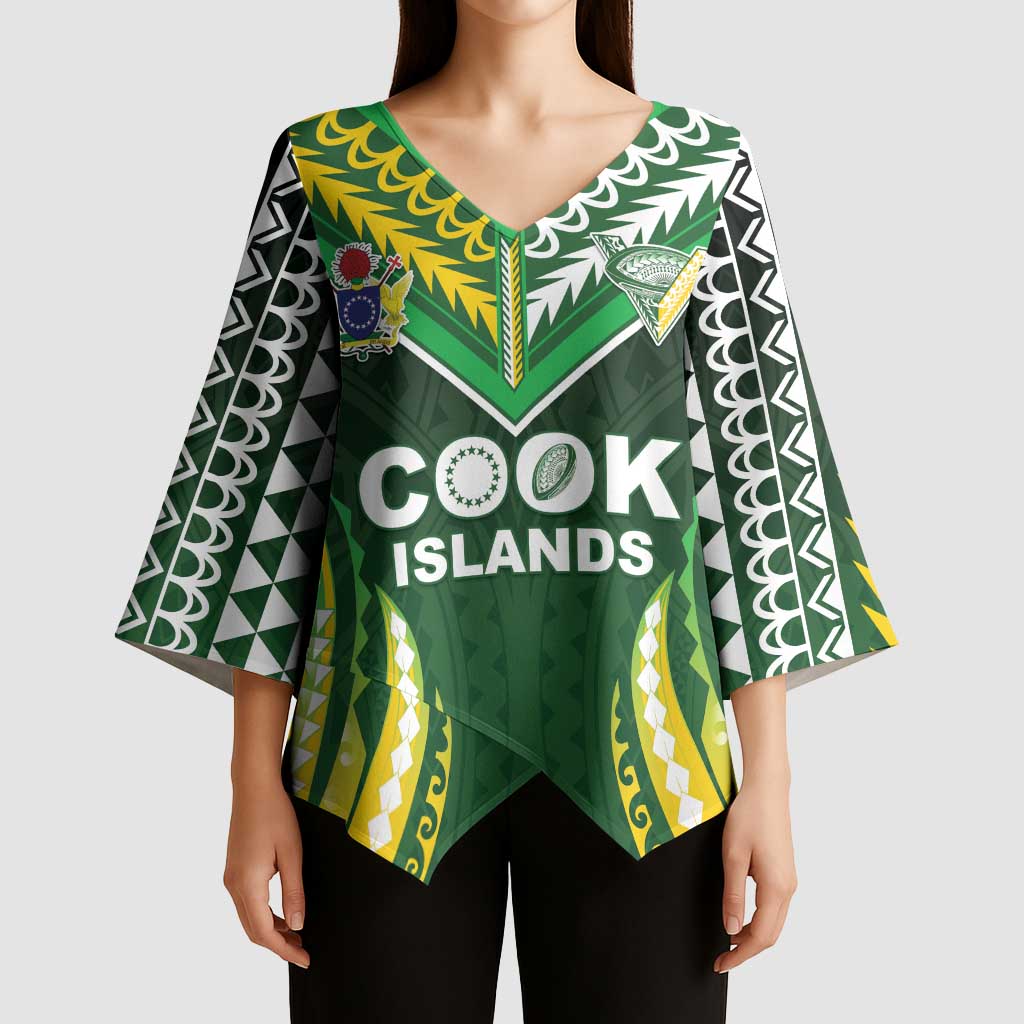 Custom Cook Islands Rugby Kimono Sleeve Blouse Unique Style Green Version - Polynesian Pride