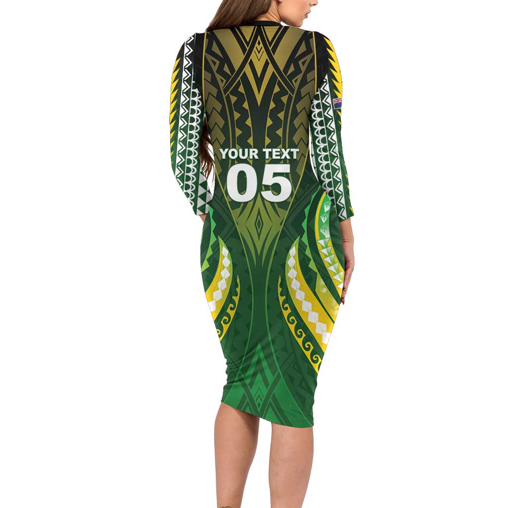 Custom Cook Islands Rugby Long Sleeve Bodycon Dress Unique Style Green Version - Polynesian Pride