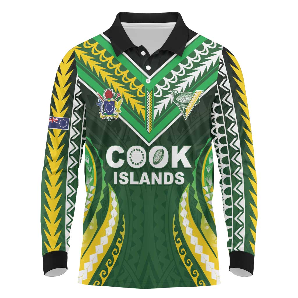 Custom Cook Islands Rugby Long Sleeve Polo Shirt Unique Style Green Version - Polynesian Pride