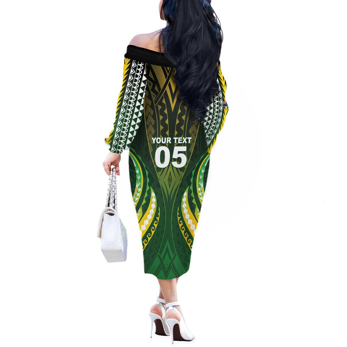 Custom Cook Islands Rugby Off The Shoulder Long Sleeve Dress Unique Style Green Version - Polynesian Pride
