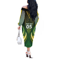 Custom Cook Islands Rugby Off The Shoulder Long Sleeve Dress Unique Style Green Version - Polynesian Pride