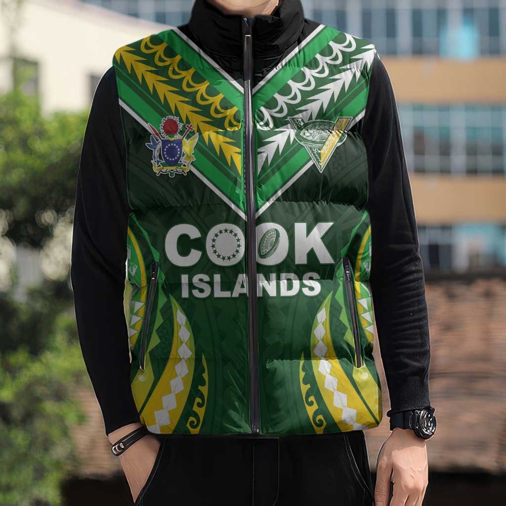 Custom Cook Islands Rugby Sleeveless Puffer Jacket Unique Style Green Version - Polynesian Pride