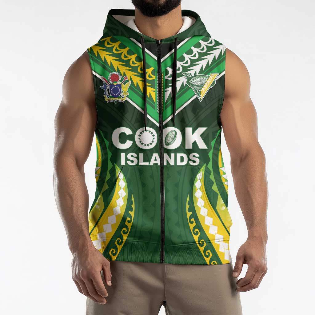 Custom Cook Islands Rugby Sleeveless Zip Hoodie Unique Style Green Version - Polynesian Pride