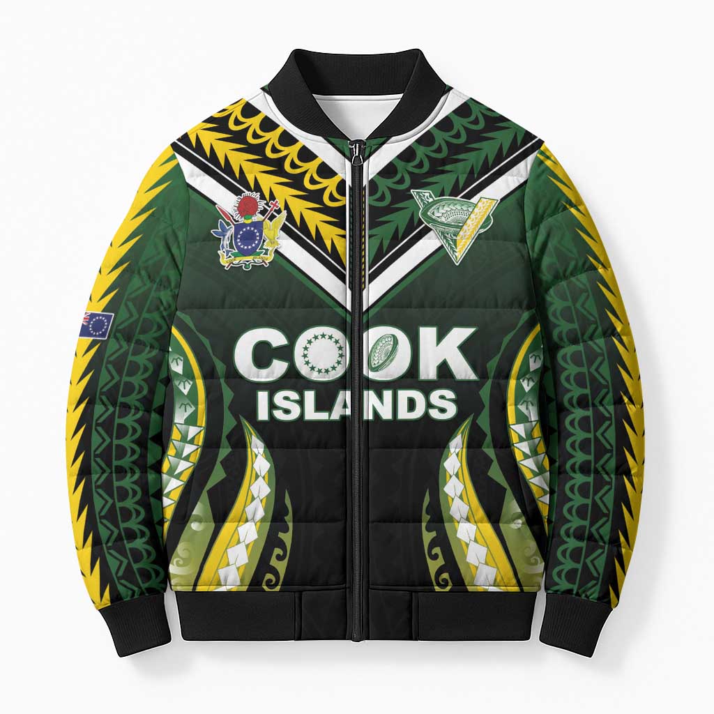 Custom Cook Islands Rugby Bomber Puffer Jacket Unique Style Black Version - Polynesian Pride