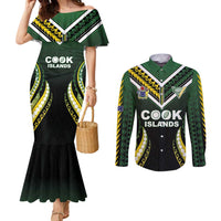 Custom Cook Islands Rugby Couples Matching Mermaid Dress and Long Sleeve Button Shirt Unique Style Black Version - Polynesian Pride