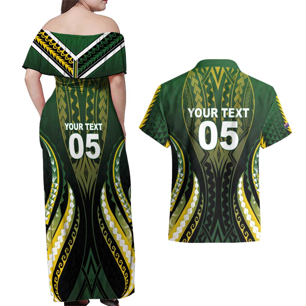 Custom Cook Islands Rugby Couples Matching Off Shoulder Maxi Dress and Hawaiian Shirt Unique Style Black Version - Polynesian Pride