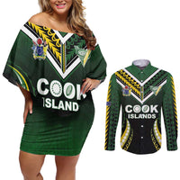 Custom Cook Islands Rugby Couples Matching Off Shoulder Short Dress and Long Sleeve Button Shirt Unique Style Black Version - Polynesian Pride