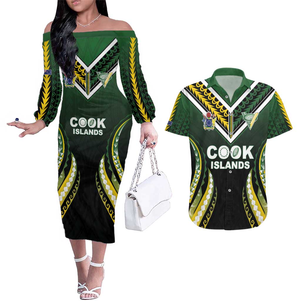 Custom Cook Islands Rugby Couples Matching Off The Shoulder Long Sleeve Dress and Hawaiian Shirt Unique Style Black Version - Polynesian Pride