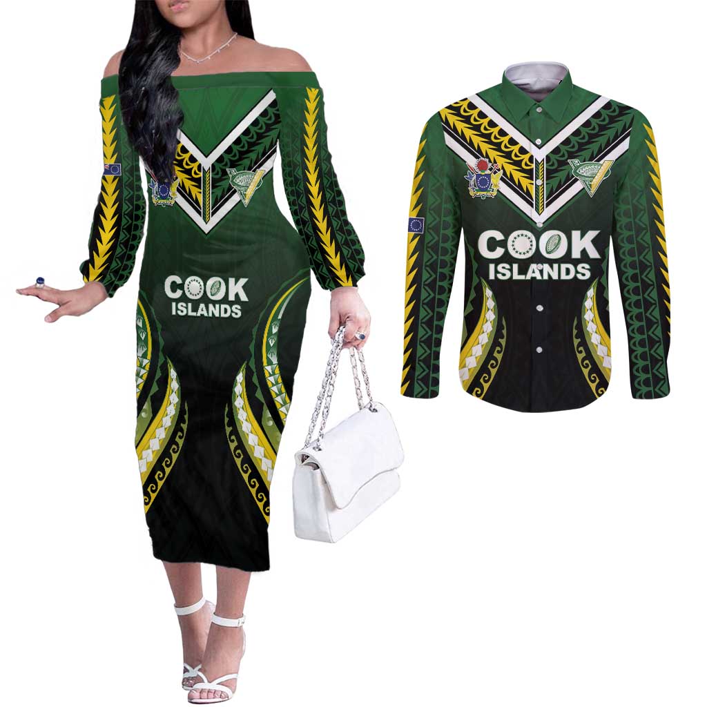 Custom Cook Islands Rugby Couples Matching Off The Shoulder Long Sleeve Dress and Long Sleeve Button Shirt Unique Style Black Version - Polynesian Pride