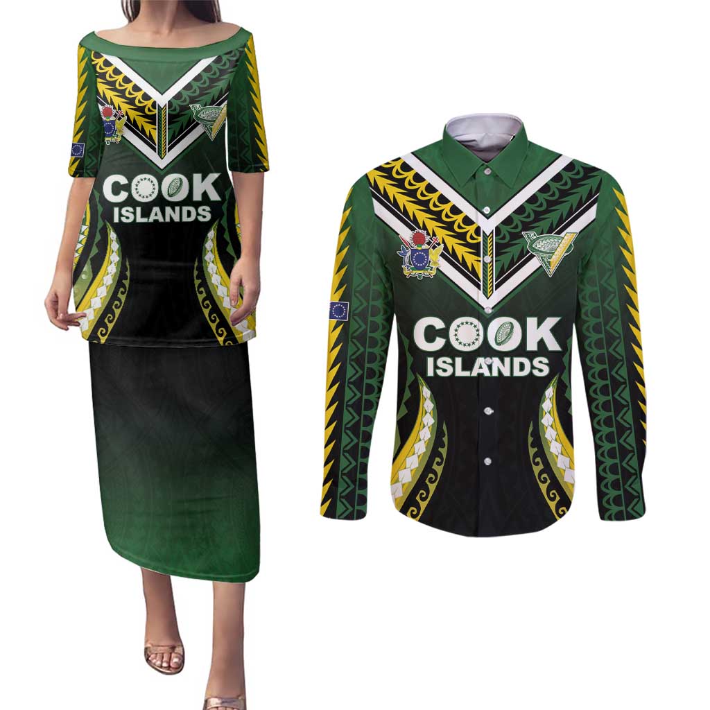 Custom Cook Islands Rugby Couples Matching Puletasi and Long Sleeve Button Shirt Unique Style Black Version - Polynesian Pride