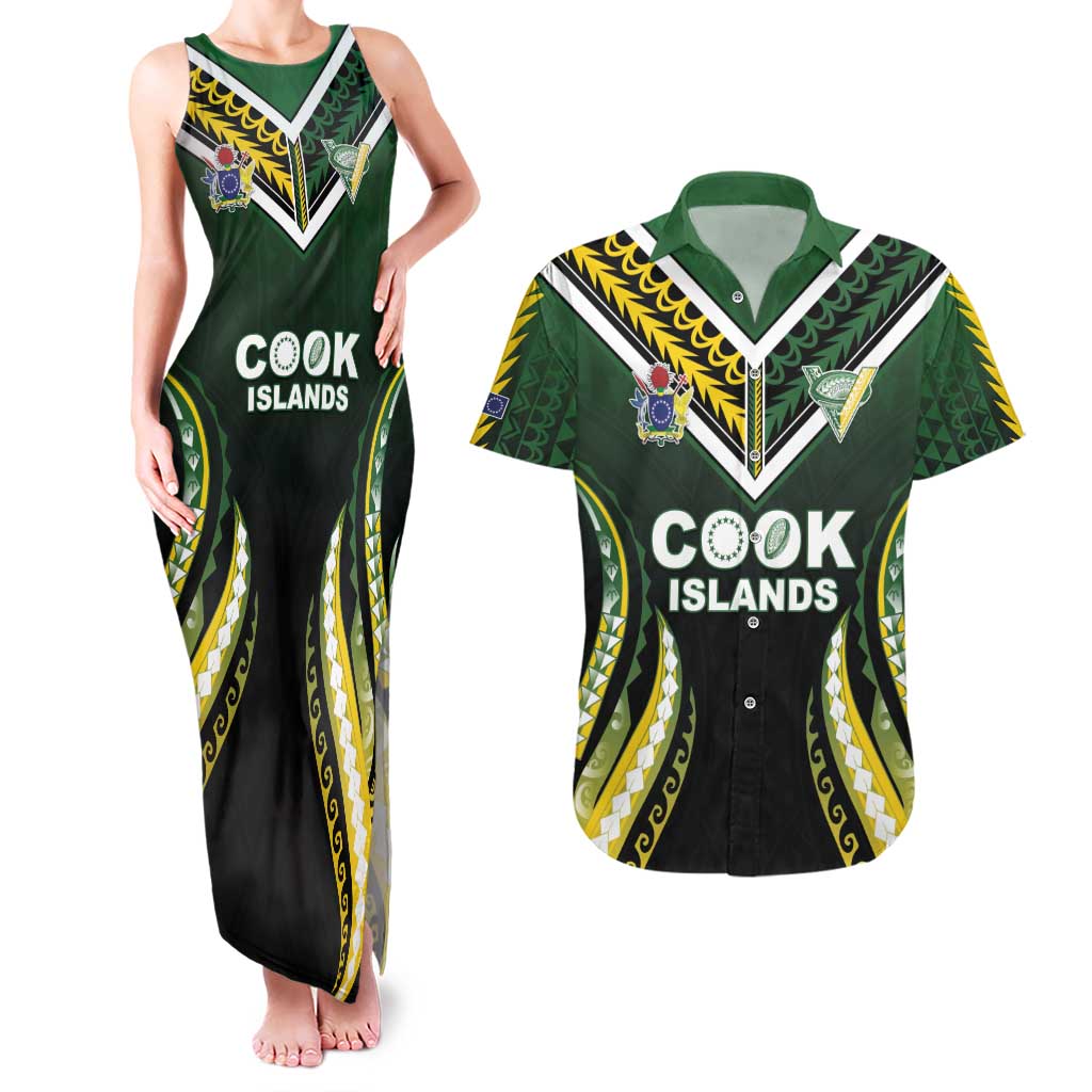 Custom Cook Islands Rugby Couples Matching Tank Maxi Dress and Hawaiian Shirt Unique Style Black Version - Polynesian Pride