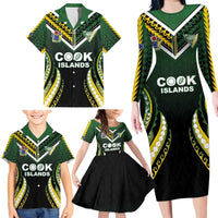 Custom Cook Islands Rugby Family Matching Long Sleeve Bodycon Dress and Hawaiian Shirt Unique Style Black Version - Polynesian Pride