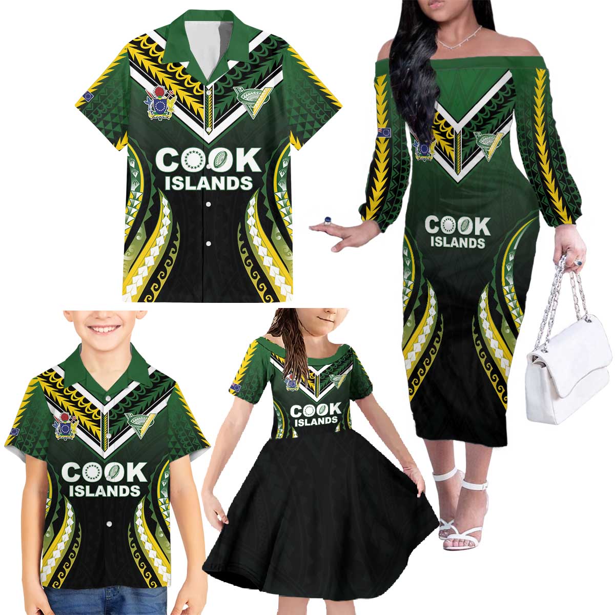 Custom Cook Islands Rugby Family Matching Off The Shoulder Long Sleeve Dress and Hawaiian Shirt Unique Style Black Version - Polynesian Pride