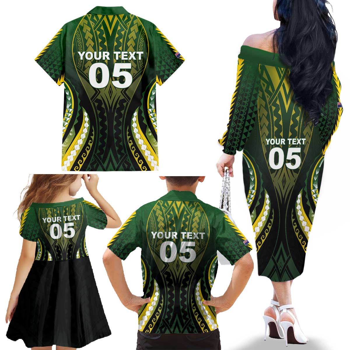 Custom Cook Islands Rugby Family Matching Off The Shoulder Long Sleeve Dress and Hawaiian Shirt Unique Style Black Version - Polynesian Pride