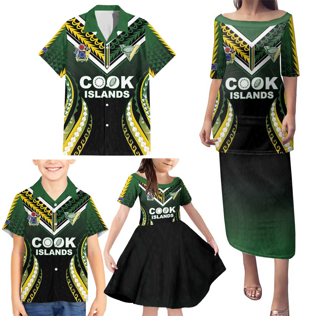 Custom Cook Islands Rugby Family Matching Puletasi and Hawaiian Shirt Unique Style Black Version - Polynesian Pride