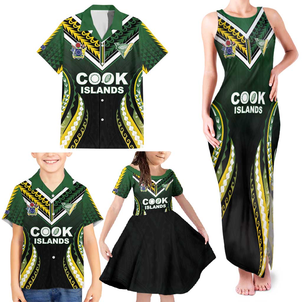 Custom Cook Islands Rugby Family Matching Tank Maxi Dress and Hawaiian Shirt Unique Style Black Version - Polynesian Pride