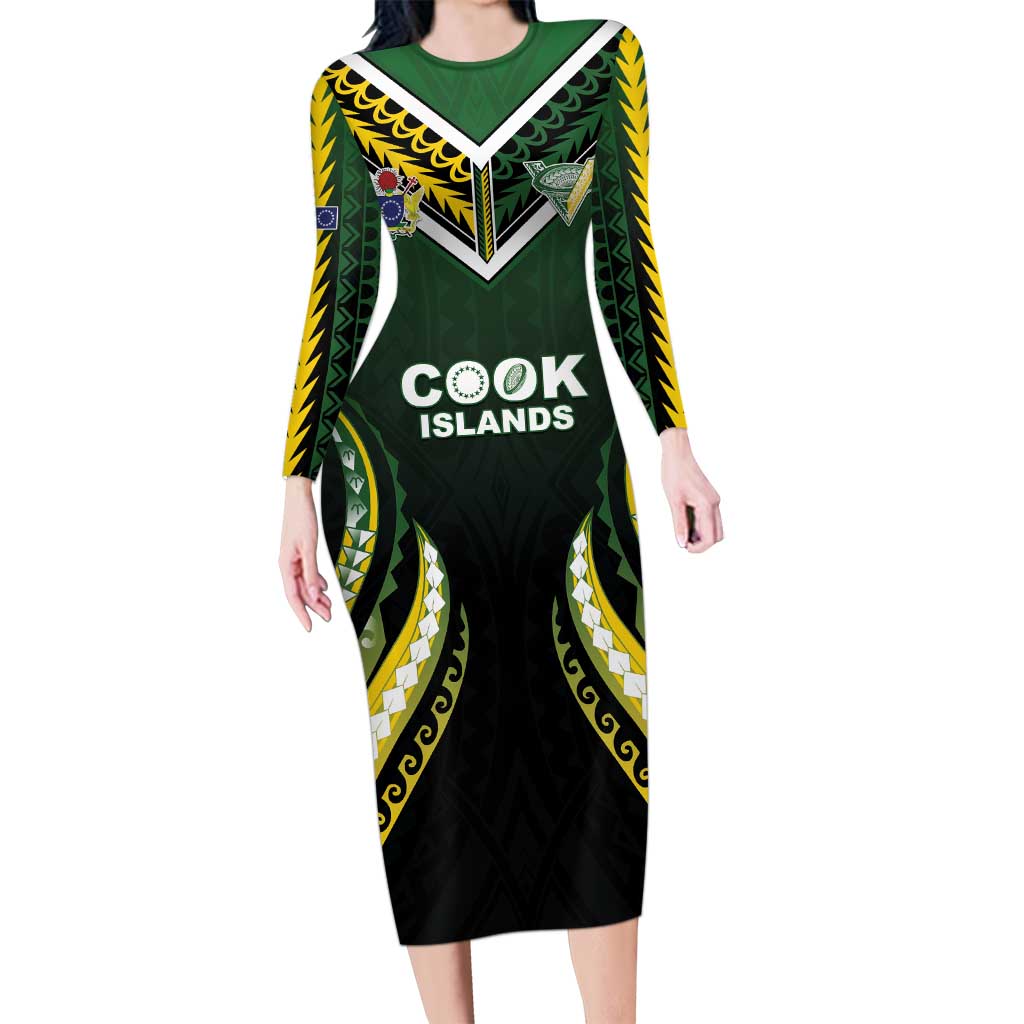 Custom Cook Islands Rugby Long Sleeve Bodycon Dress Unique Style Black Version - Polynesian Pride