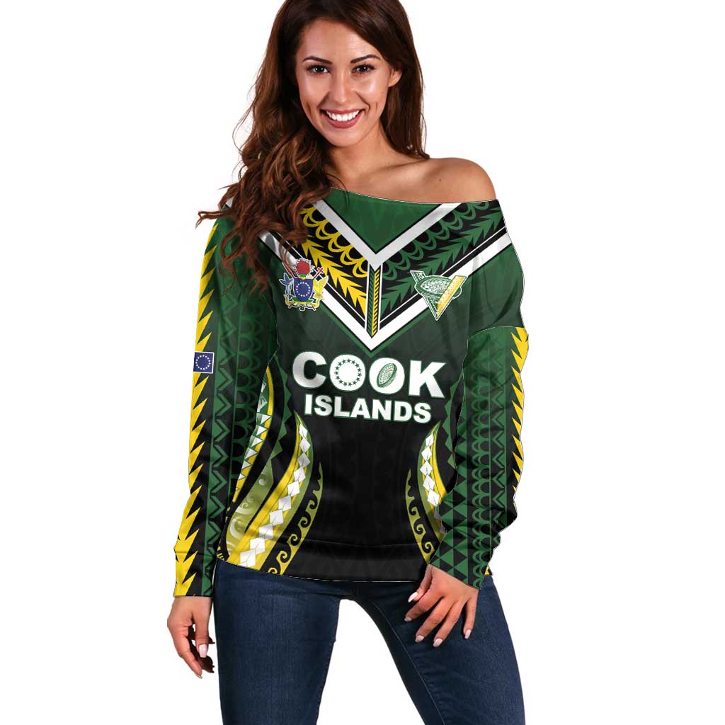 Custom Cook Islands Rugby Off Shoulder Sweater Unique Style Black Version - Polynesian Pride
