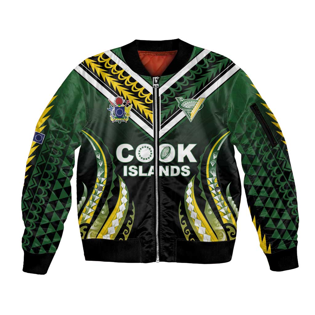 Custom Cook Islands Rugby Sleeve Zip Bomber Jacket Unique Style Black Version - Polynesian Pride