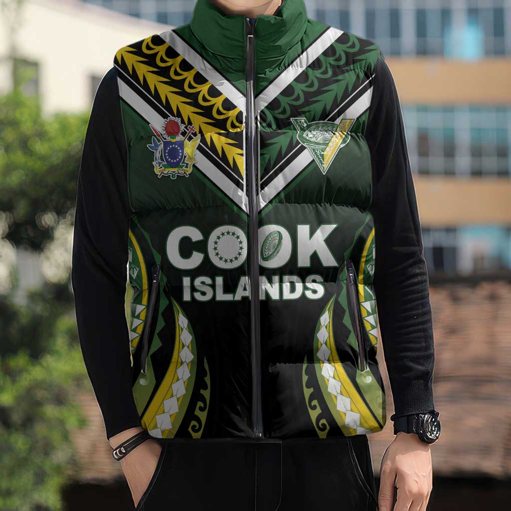 Custom Cook Islands Rugby Sleeveless Puffer Jacket Unique Style Black Version - Polynesian Pride