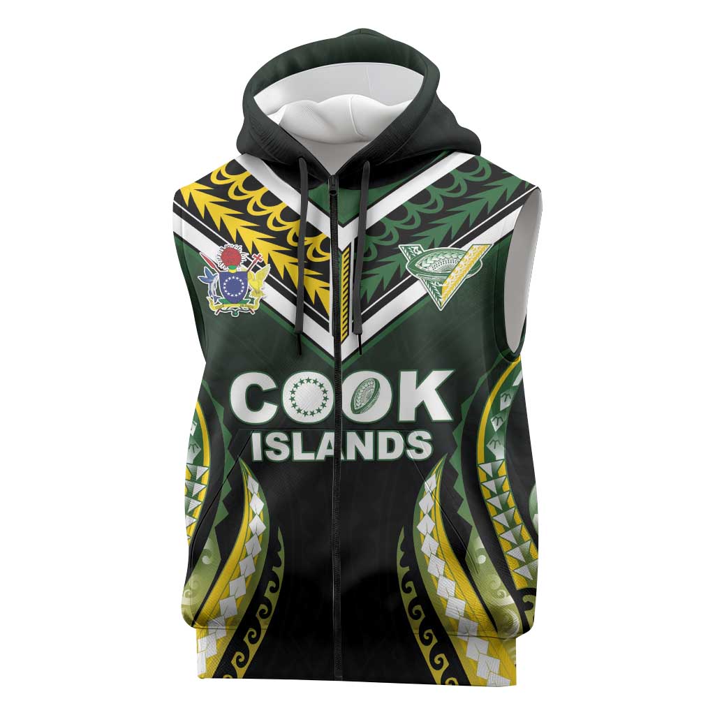 Custom Cook Islands Rugby Sleeveless Zip Hoodie Unique Style Black Version - Polynesian Pride
