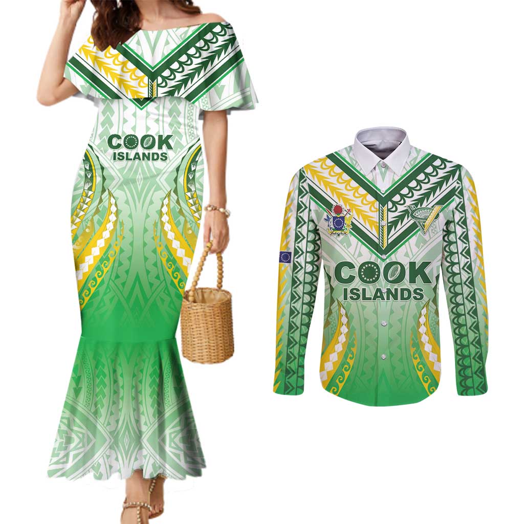 Custom Cook Islands Rugby Couples Matching Mermaid Dress and Long Sleeve Button Shirt Unique Style White Version - Polynesian Pride