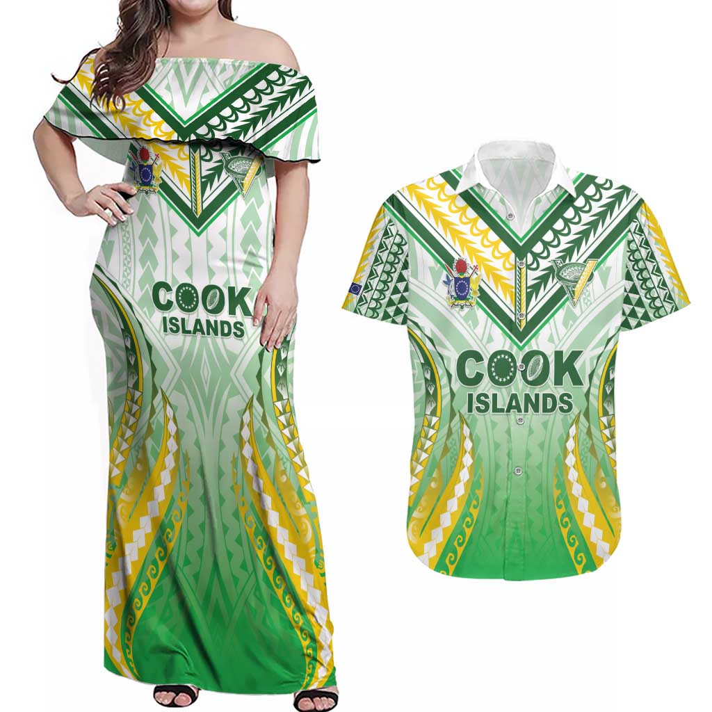 Custom Cook Islands Rugby Couples Matching Off Shoulder Maxi Dress and Hawaiian Shirt Unique Style White Version - Polynesian Pride