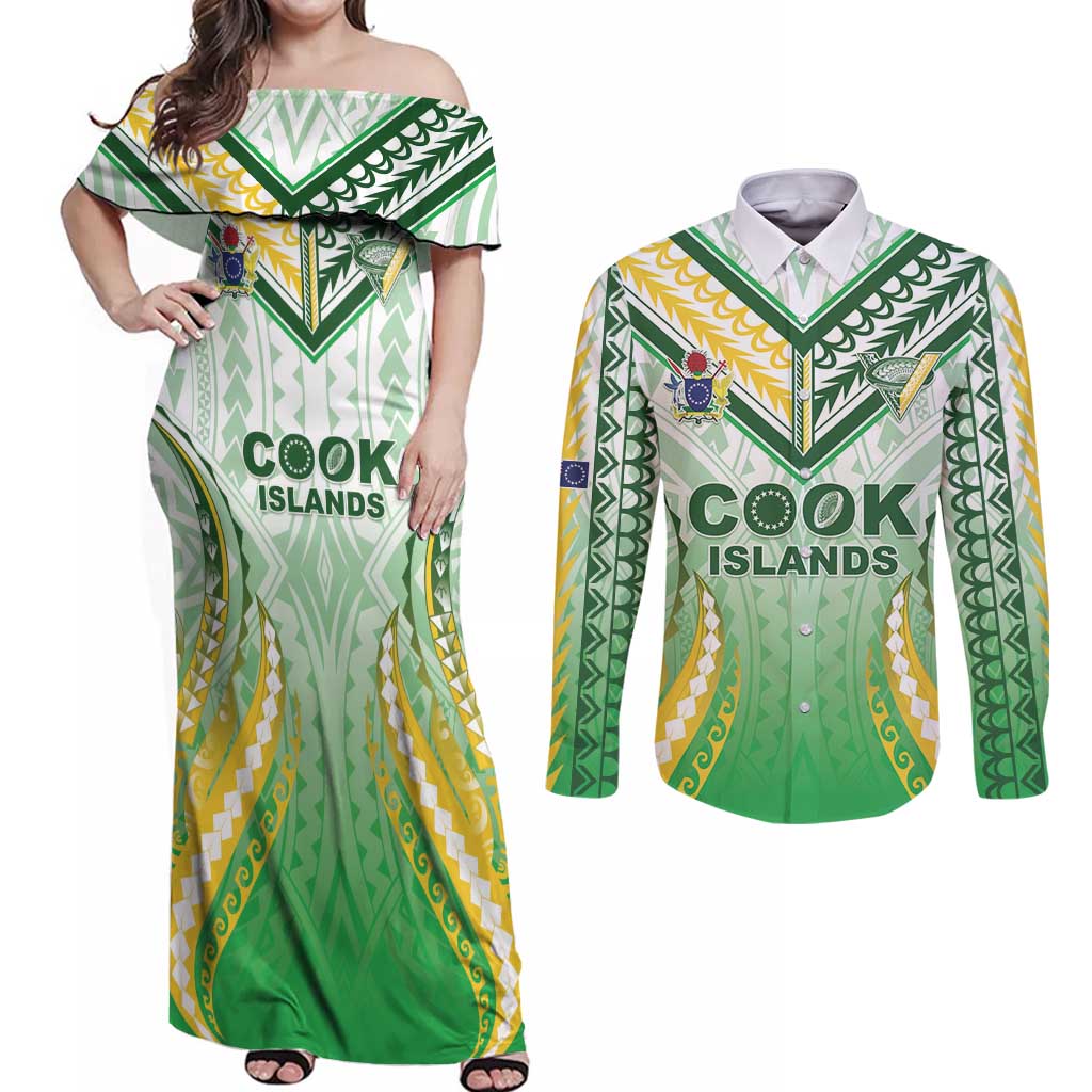 Custom Cook Islands Rugby Couples Matching Off Shoulder Maxi Dress and Long Sleeve Button Shirt Unique Style White Version - Polynesian Pride