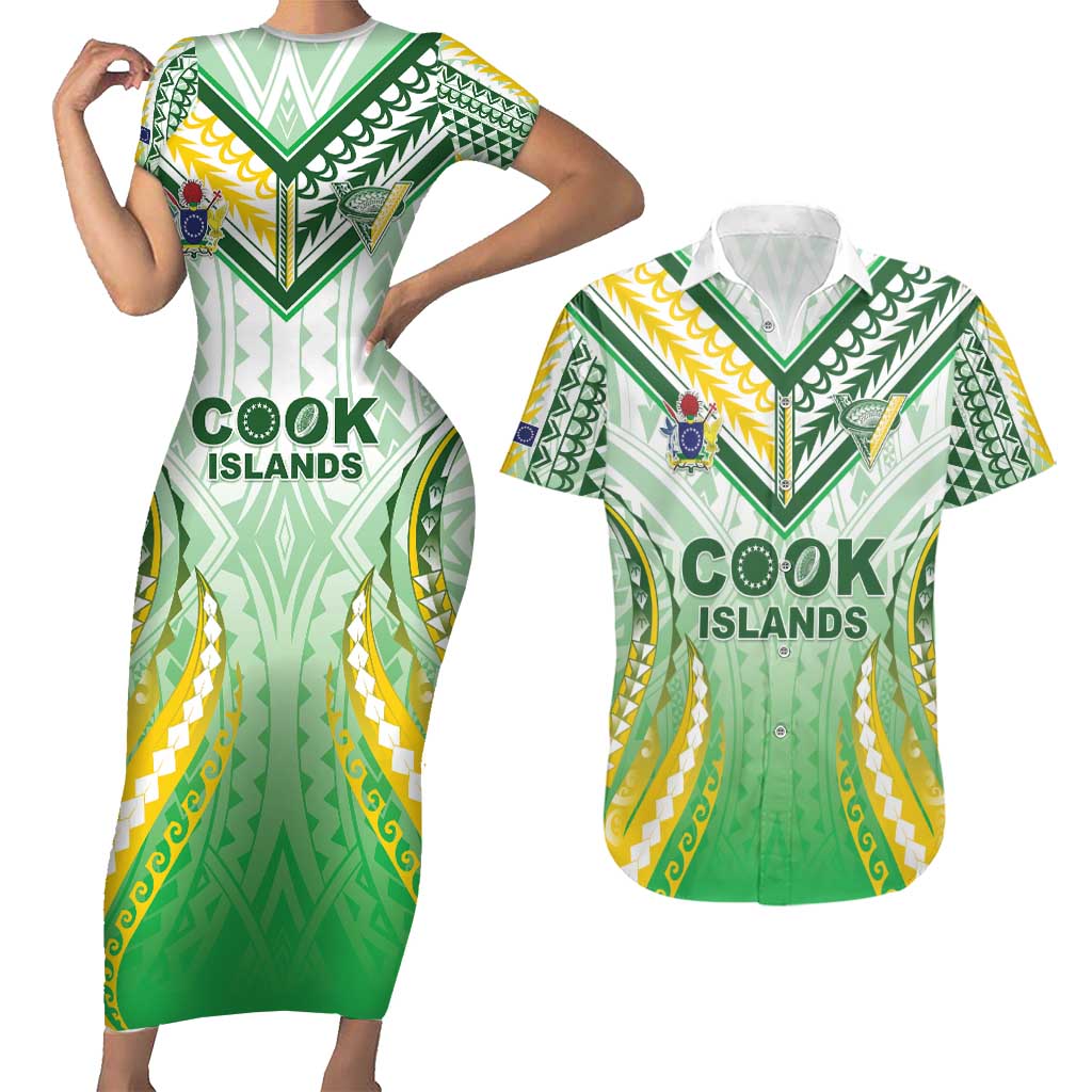 Custom Cook Islands Rugby Couples Matching Short Sleeve Bodycon Dress and Hawaiian Shirt Unique Style White Version - Polynesian Pride