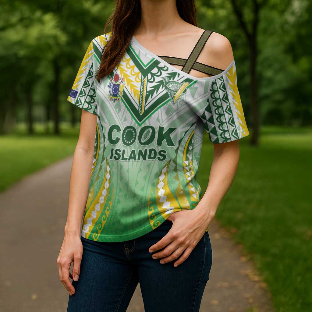 Custom Cook Islands Rugby Cross Shoulder Shirt Unique Style White Version - Polynesian Pride