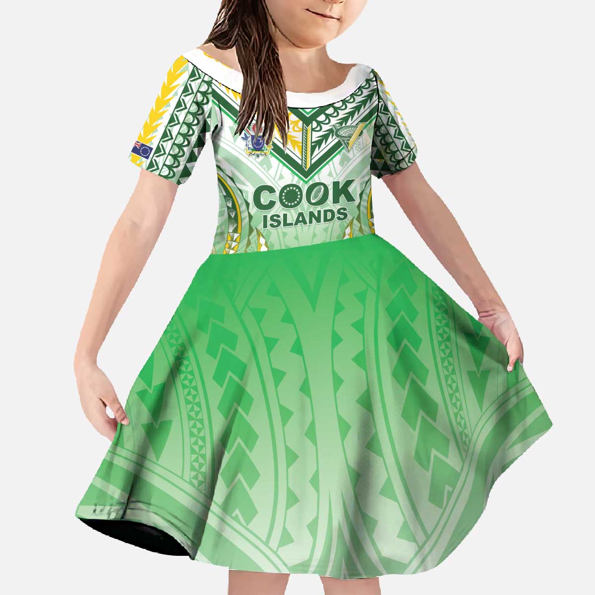 Custom Cook Islands Rugby Family Matching Off The Shoulder Long Sleeve Dress and Hawaiian Shirt Unique Style White Version - Polynesian Pride