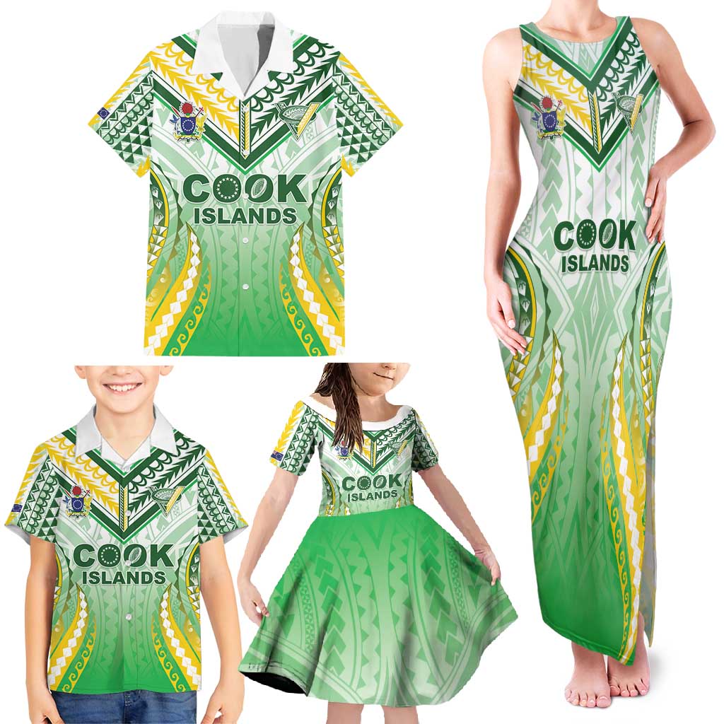 Custom Cook Islands Rugby Family Matching Tank Maxi Dress and Hawaiian Shirt Unique Style White Version - Polynesian Pride