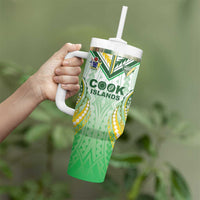 Custom Cook Islands Rugby Tumbler With Handle Unique Style White Version - Polynesian Pride