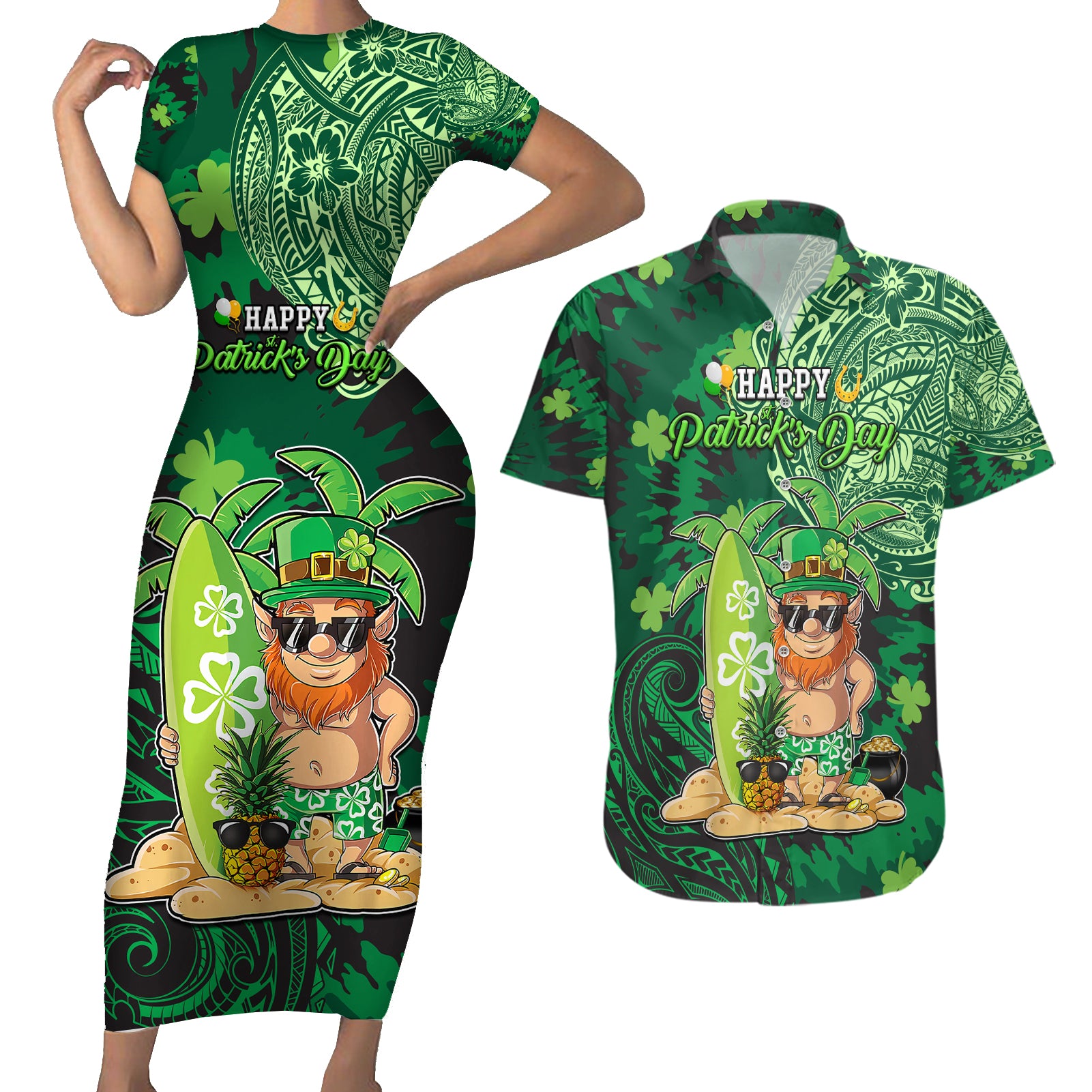 Personalised Hawaii St.Patrick Day Couples Matching Short Sleeve Bodycon Dress and Hawaiian Shirt Surfing Leprechaun LT05 Green - Polynesian Pride