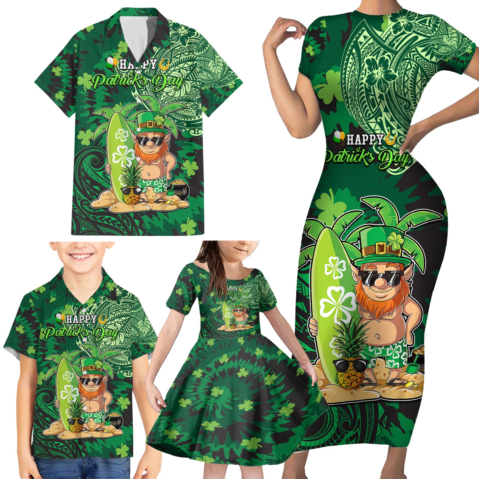 Personalised Hawaii St.Patrick Day Family Matching Short Sleeve Bodycon Dress and Hawaiian Shirt Surfing Leprechaun LT05 - Polynesian Pride