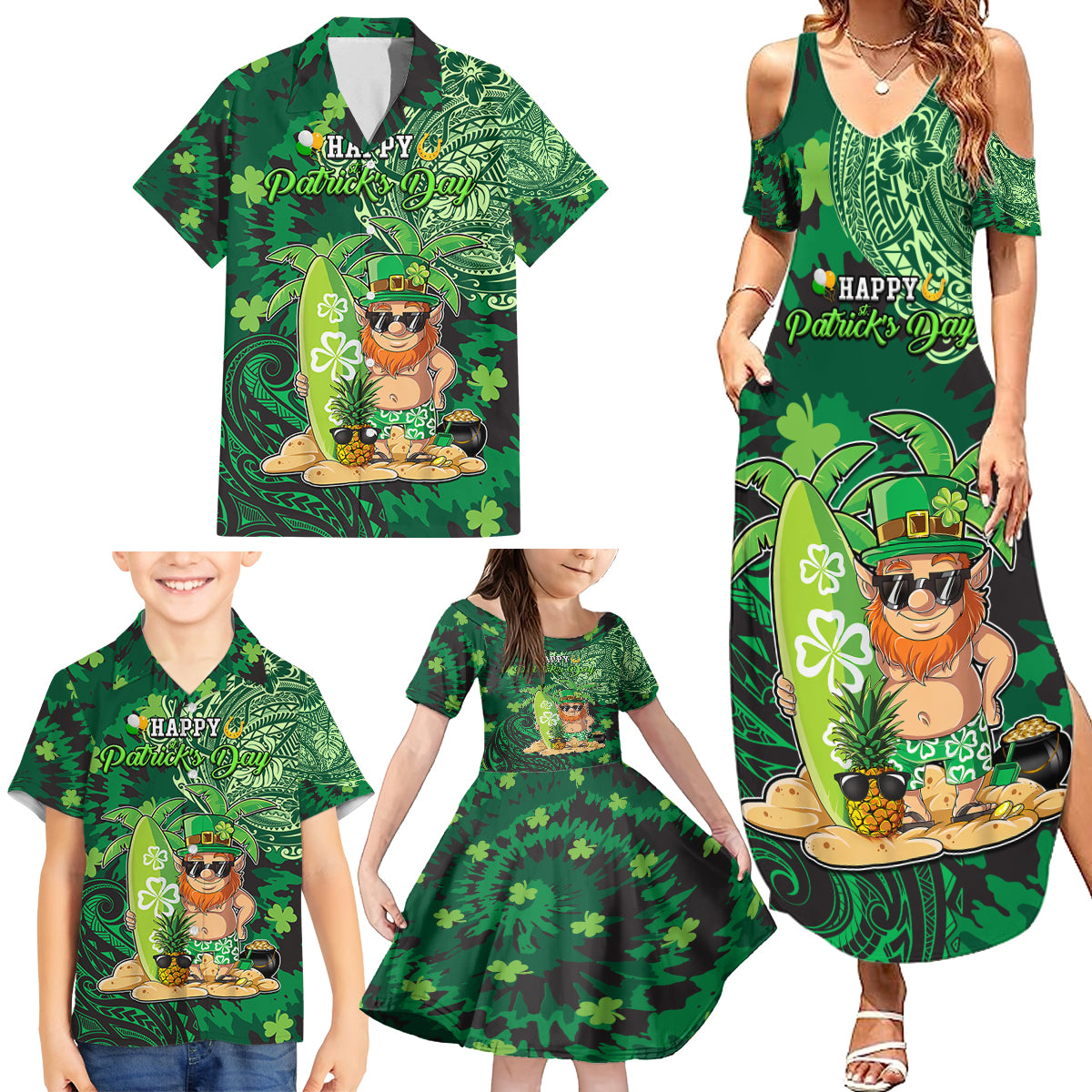 Personalised Hawaii St.Patrick Day Family Matching Summer Maxi Dress and Hawaiian Shirt Surfing Leprechaun LT05 - Polynesian Pride