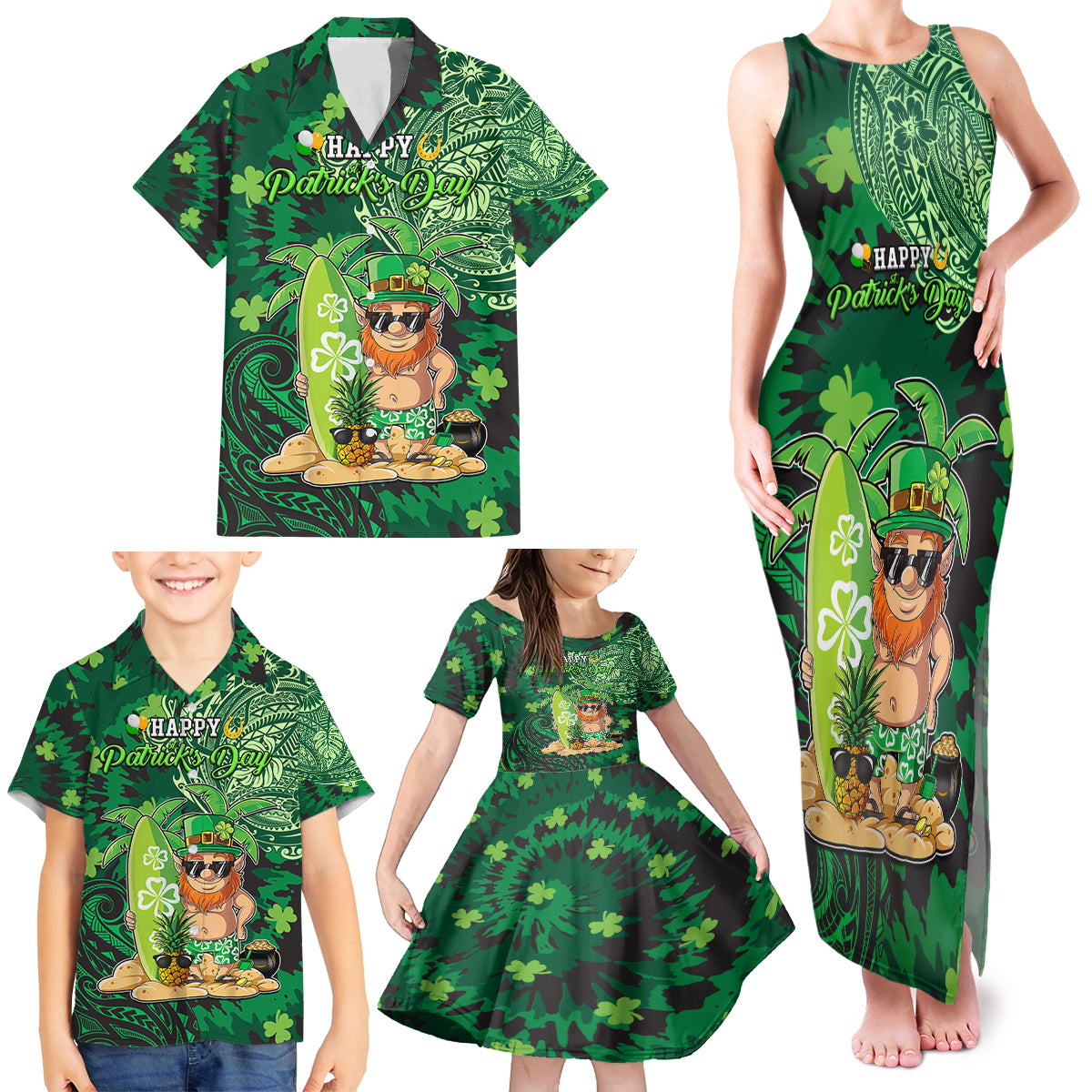 Personalised Hawaii St.Patrick Day Family Matching Tank Maxi Dress and Hawaiian Shirt Surfing Leprechaun LT05 - Polynesian Pride